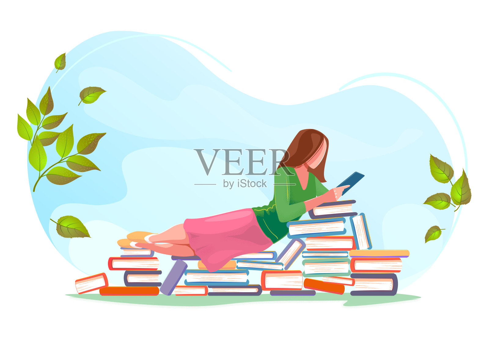 女孩读书，放松的书堆在春天的背景。喜欢阅读概念设计。美丽的绿色夏季自然与平坦的性格。现代矢量卡网页设计，孤立的白色背景设计元素图片