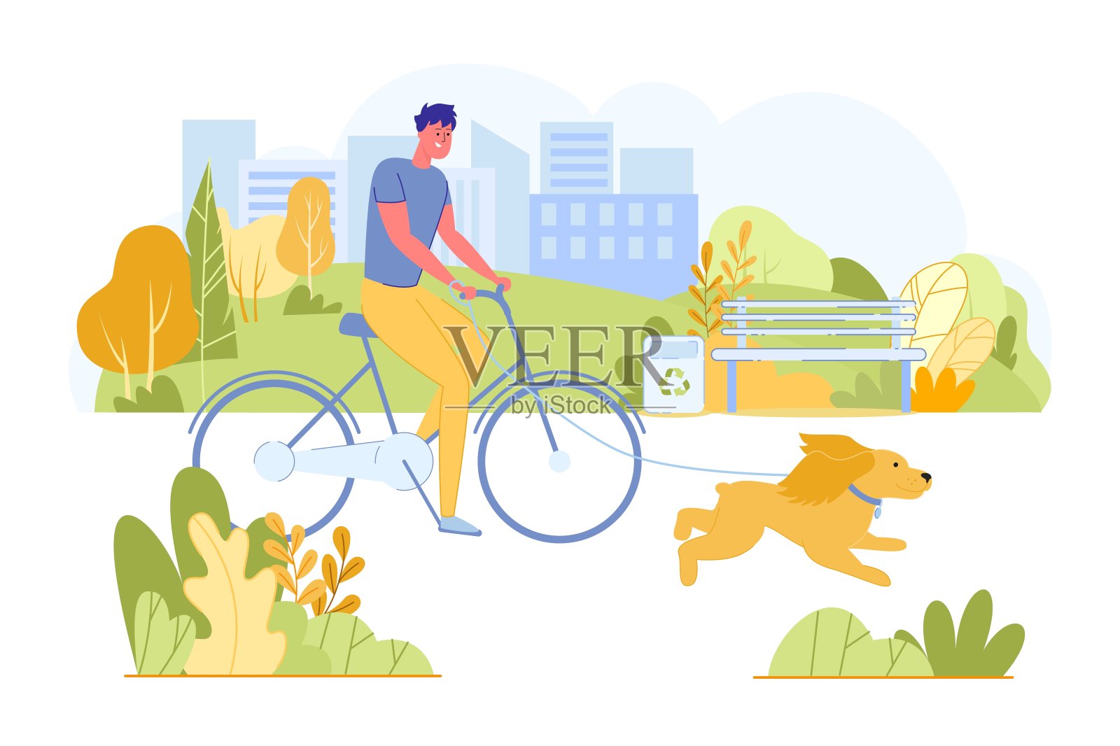 在公园附近骑自行车的人和跑步的狗。设计元素图片