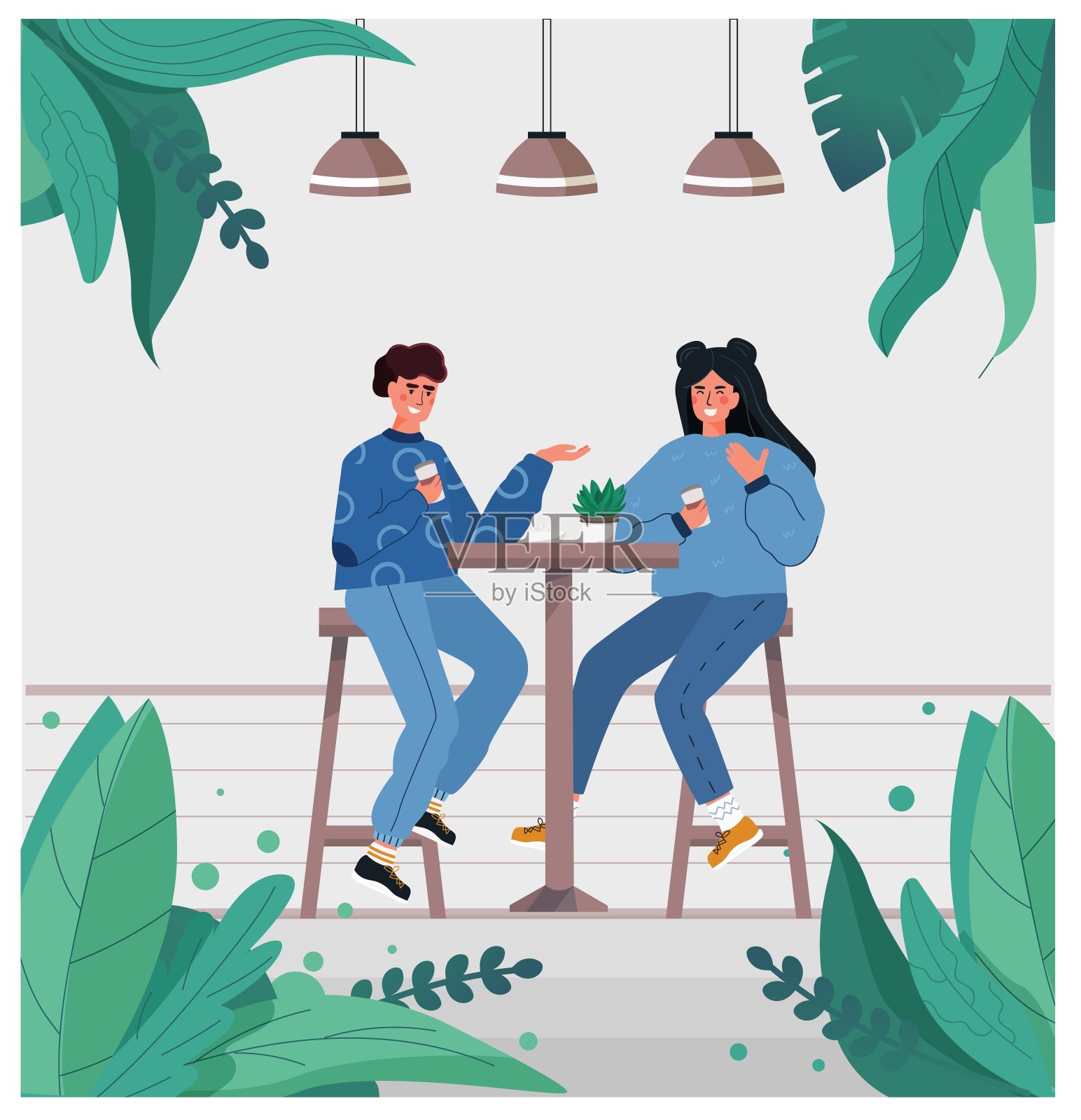 可爱的情侣，男人和女人在一张桌子上喝咖啡，游客花时间在一个咖啡馆，周围的室内，植物，灯具，设计。矢量卡通平面插图。插画图片素材