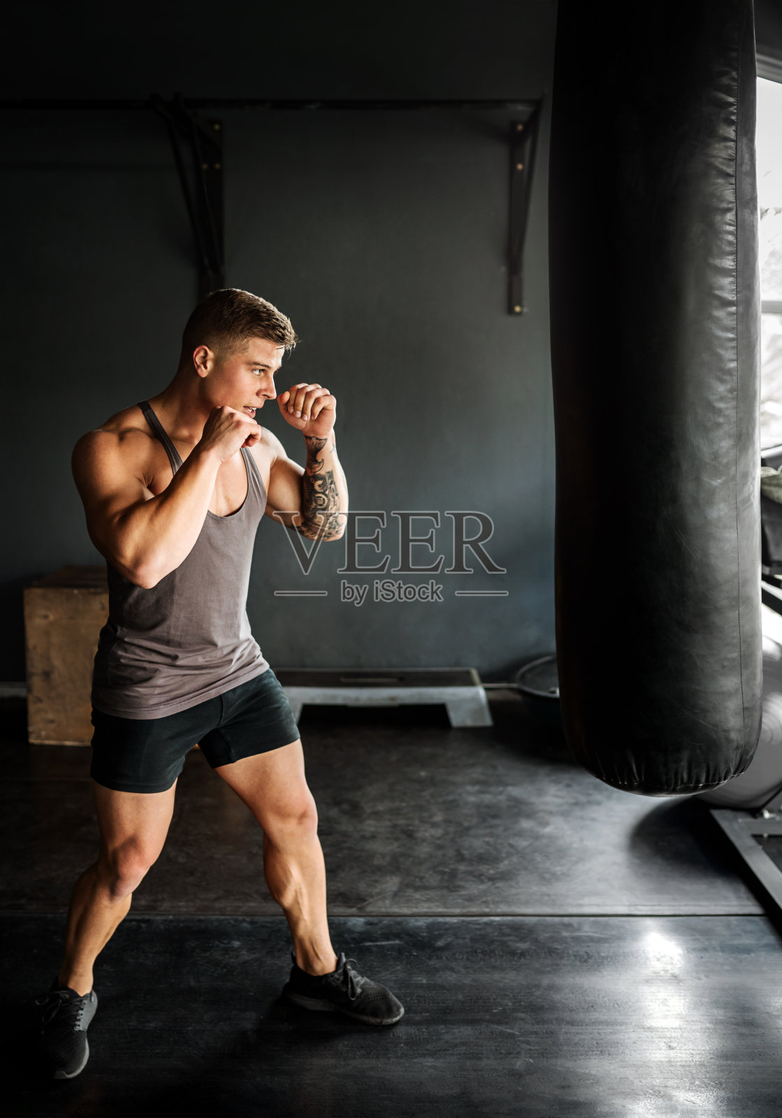 年轻的z拳击手正在训练他的姿势。在戏剧性的灯光下锻炼前站立和摆姿势照片摄影图片