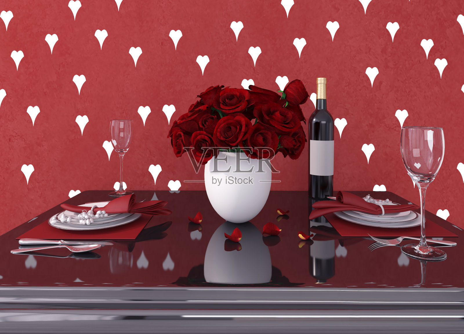 3d渲染的情人节桌子与红玫瑰和心照片摄影图片