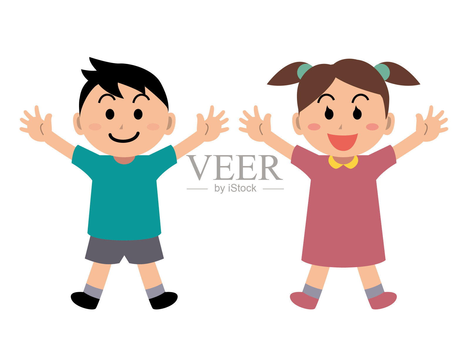 快乐的男孩和女孩举起双手插画图片素材