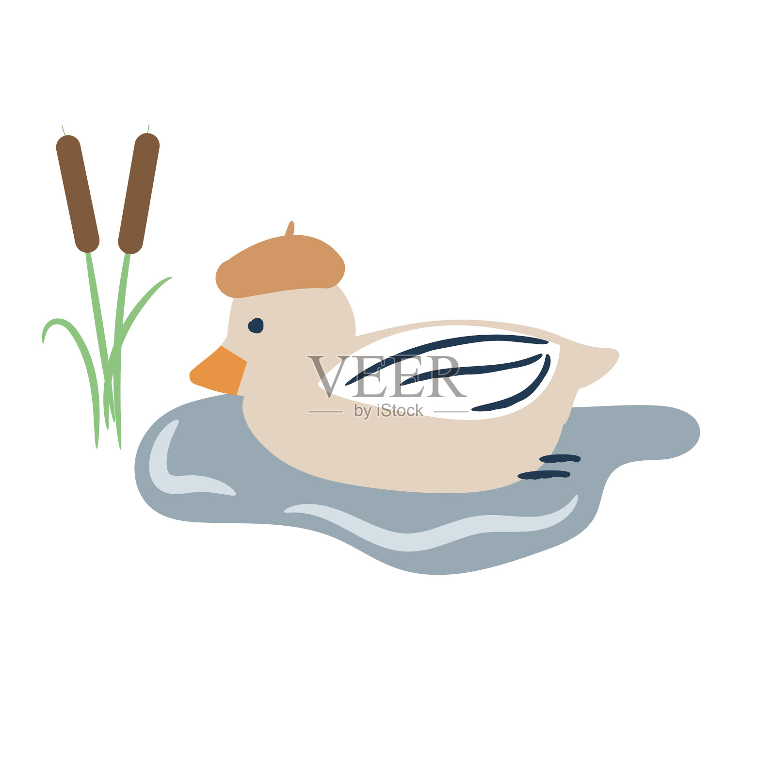 可爱的卡通鸭子在一个池塘矢量插图。设计元素图片