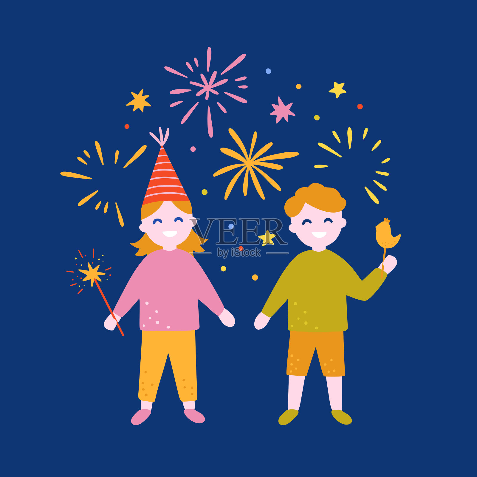 快乐的孩子在可爱的服装矢量插图。男孩和女孩站在蓝色的背景上。节日派对元素和烟花插画图片素材