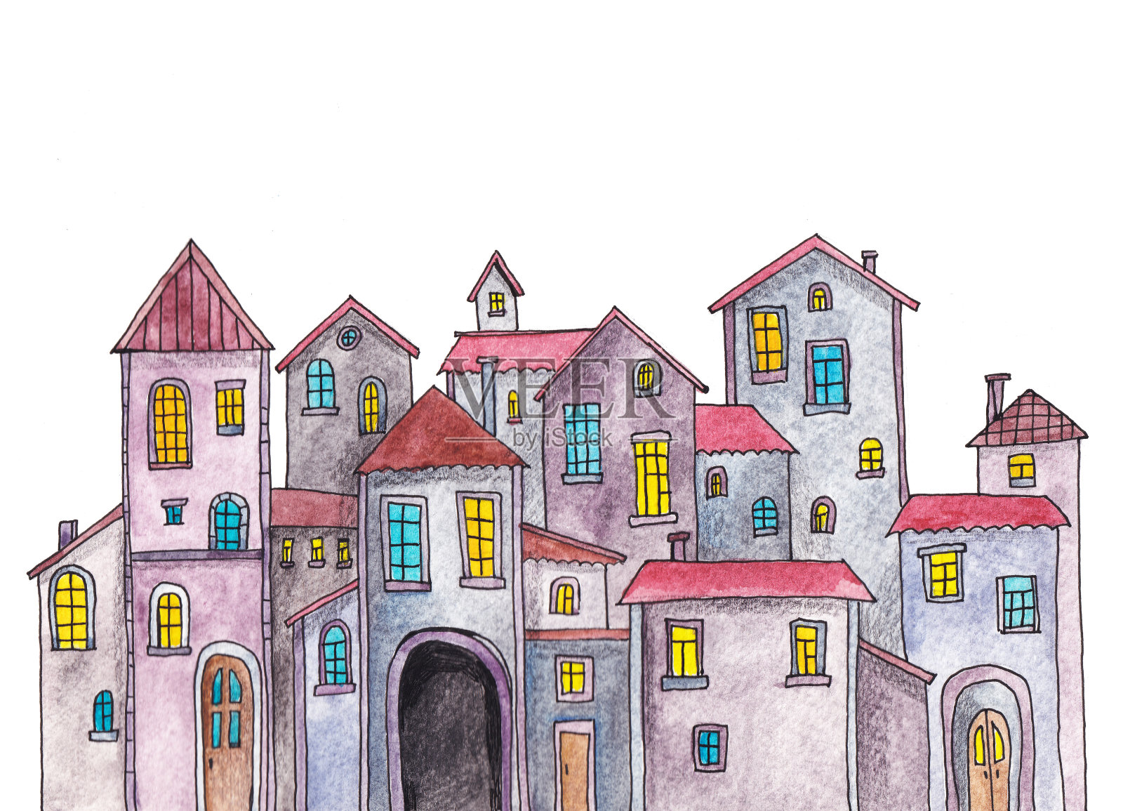水彩画上有房子和建筑物，很多房子都在城里插画图片素材