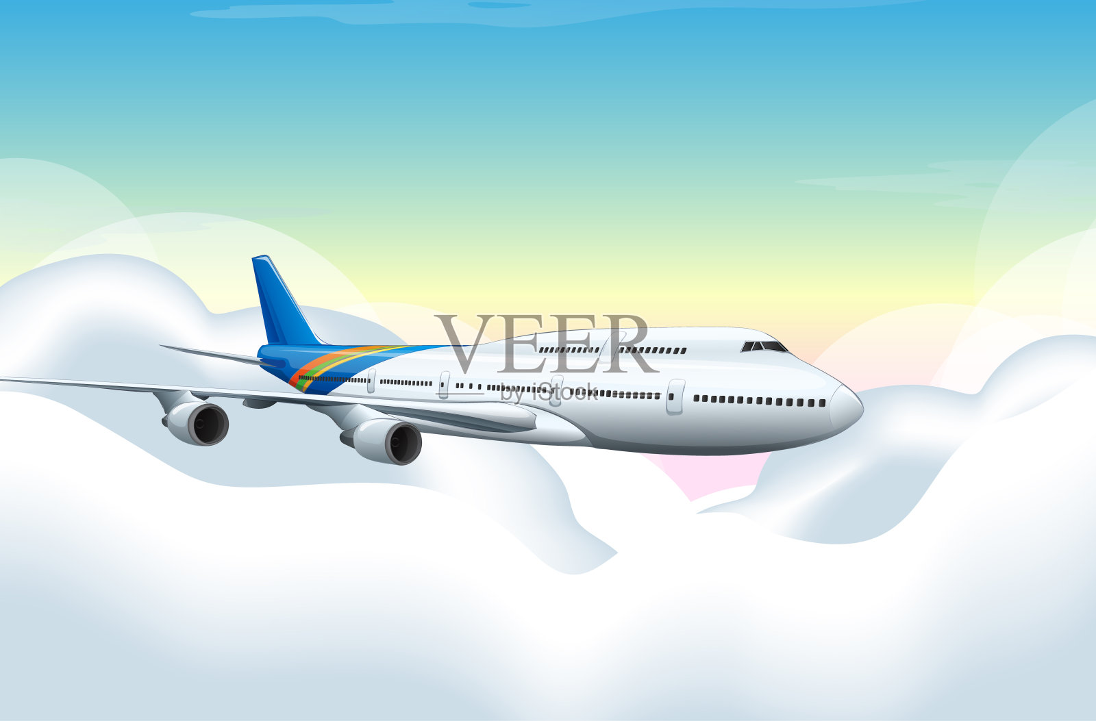 飞机在蓝天上飞行插画图片素材