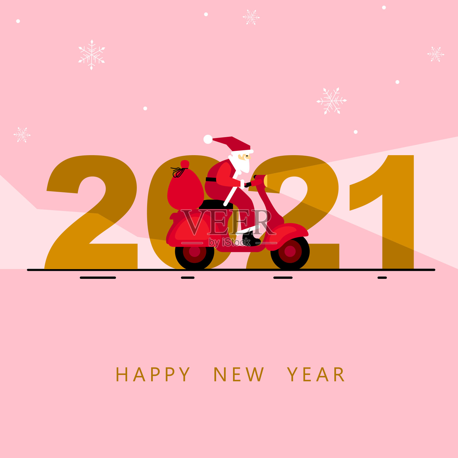 新年符号矢量插图。新年快乐。2021年新年快乐的创意贺卡设计与圣诞老人在红色复古摩托车。交付。滑稽可爱的圣诞老人骑在摩托车上插画图片素材