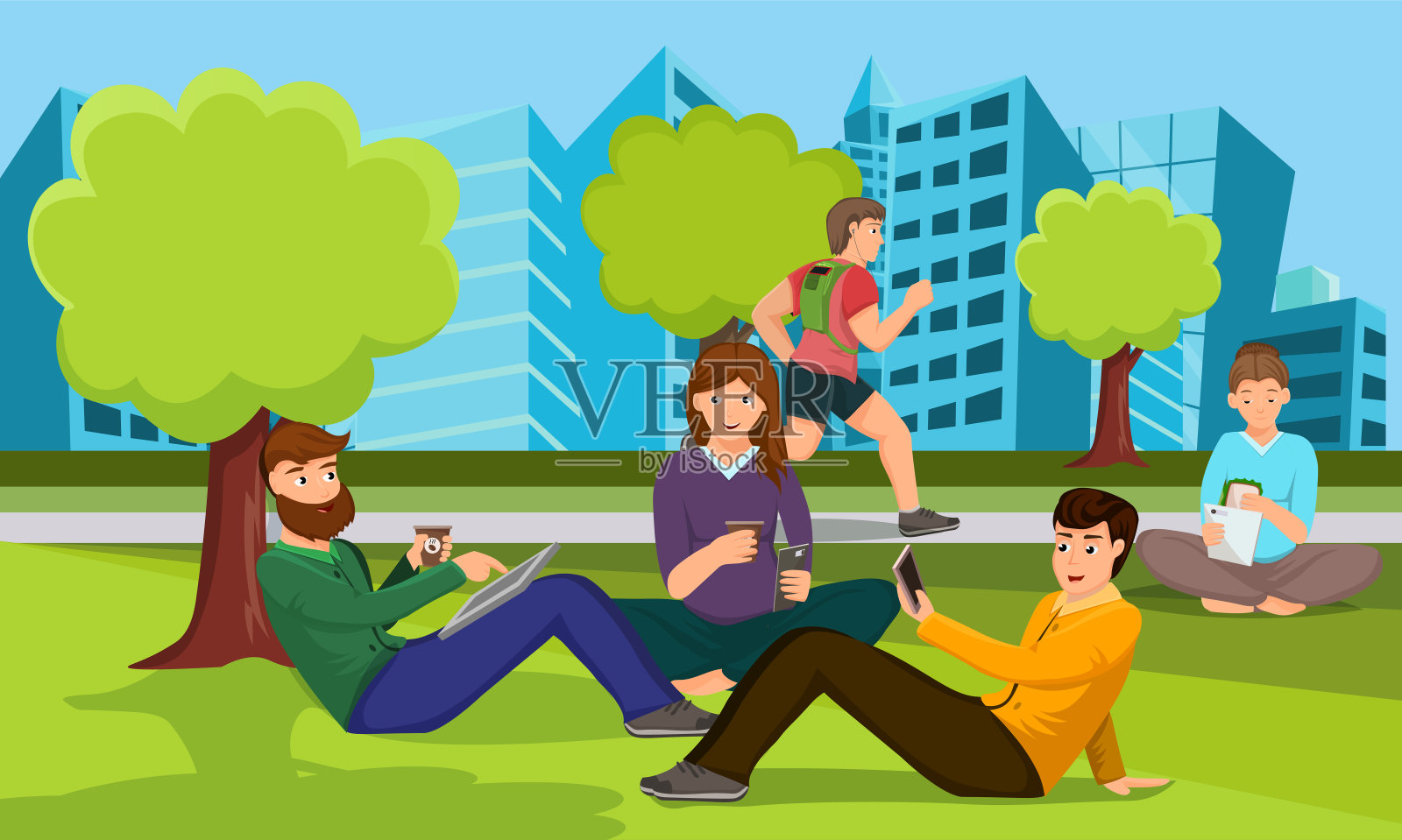 卡通人物坐在城市公园里拿着手机插画图片素材