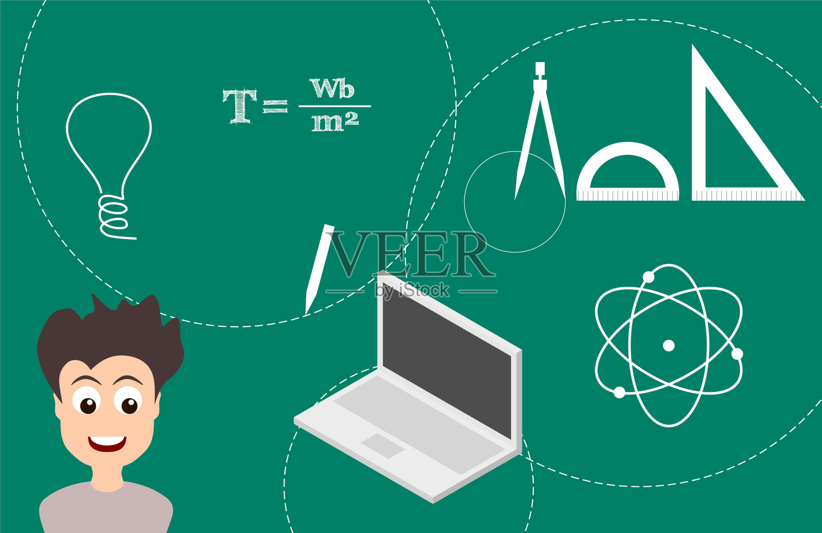 物理科学概念，科学家用几何工具。有想法的年轻科学家或学生。插画图片素材