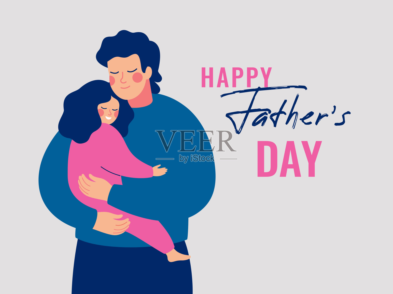 年轻的父亲用关心和爱拥抱着他的女儿。插画图片素材
