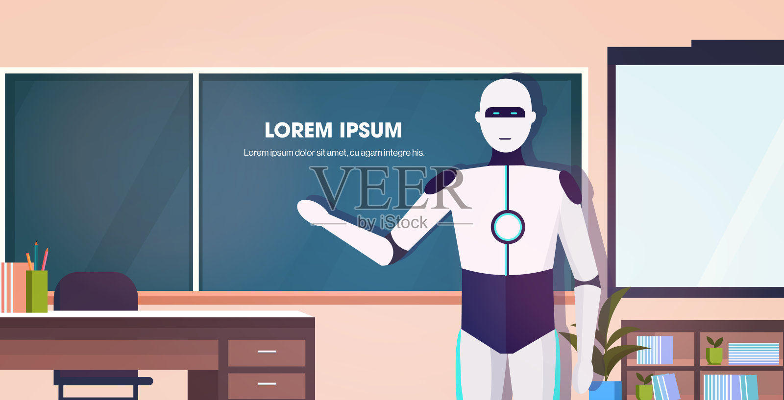 现代机器人教师站在黑板前人工智能技术教育理念现代学校教室内部横向人像复制空间插画图片素材