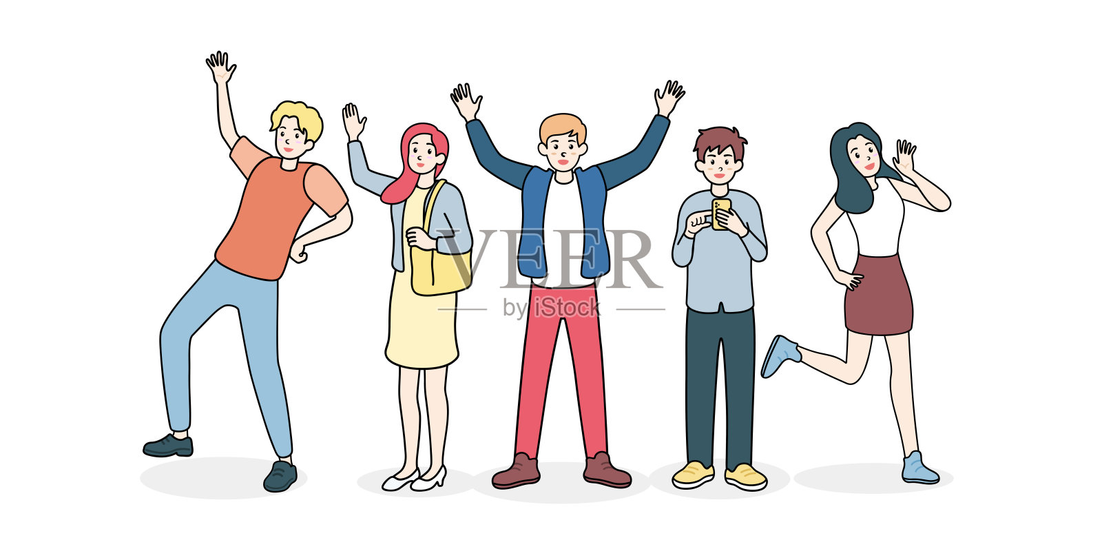 一群快乐的青少年在有趣的人物风格。平面卡通矢量插图孤立的白色背景。插画图片素材