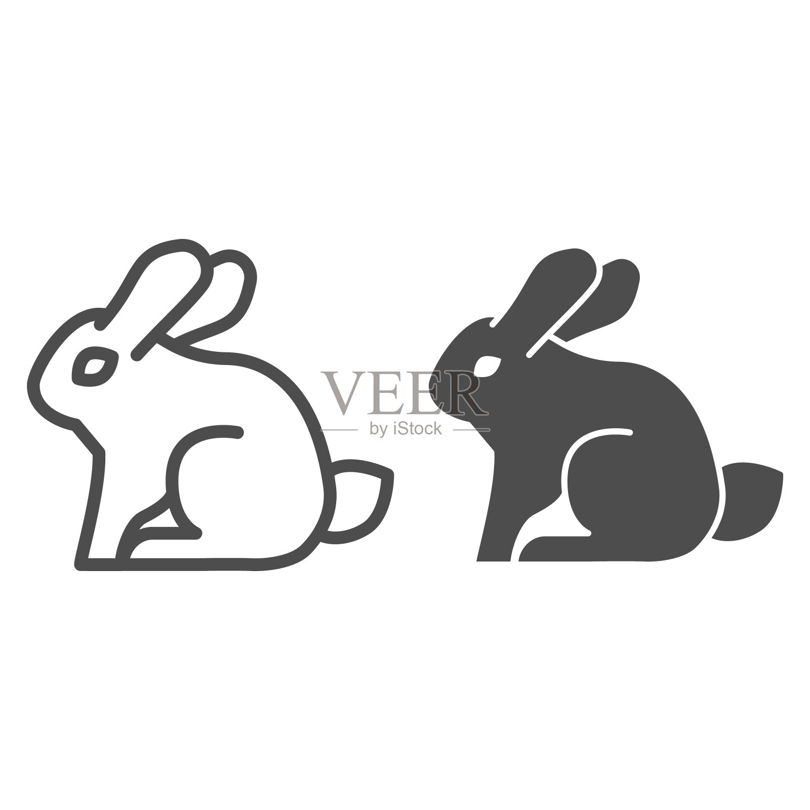 兔子线和固体图标。坐森林动物，简单剪影。动物矢量设计概念，轮廓风格的象形图上的白色背景，用于web和应用程序。Eps 10。图标素材
