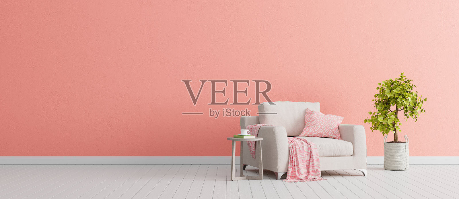 粉彩橙色混凝土墙与白色现代家具，最小的室内设计，3d渲染照片摄影图片