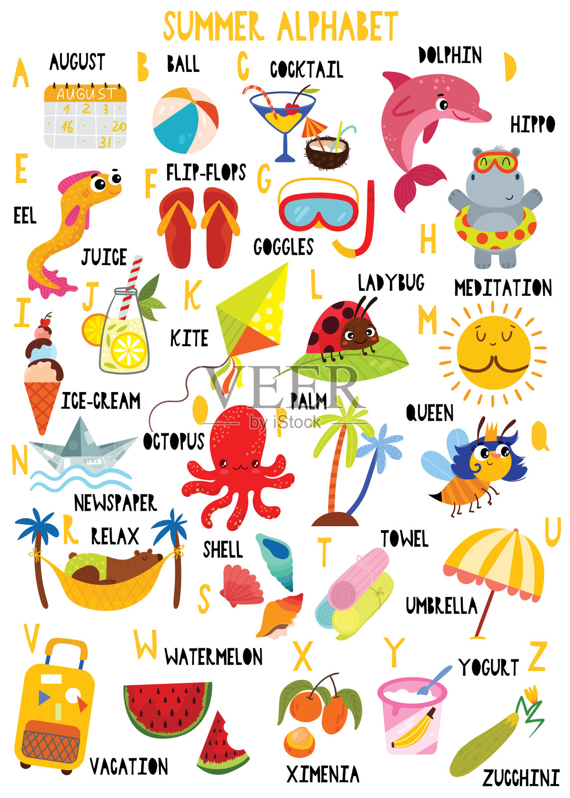 时尚的夏季字母向量。可爱的动物和物品。最适合儿童教育和语言学习的彩色abc海报。插画图片素材