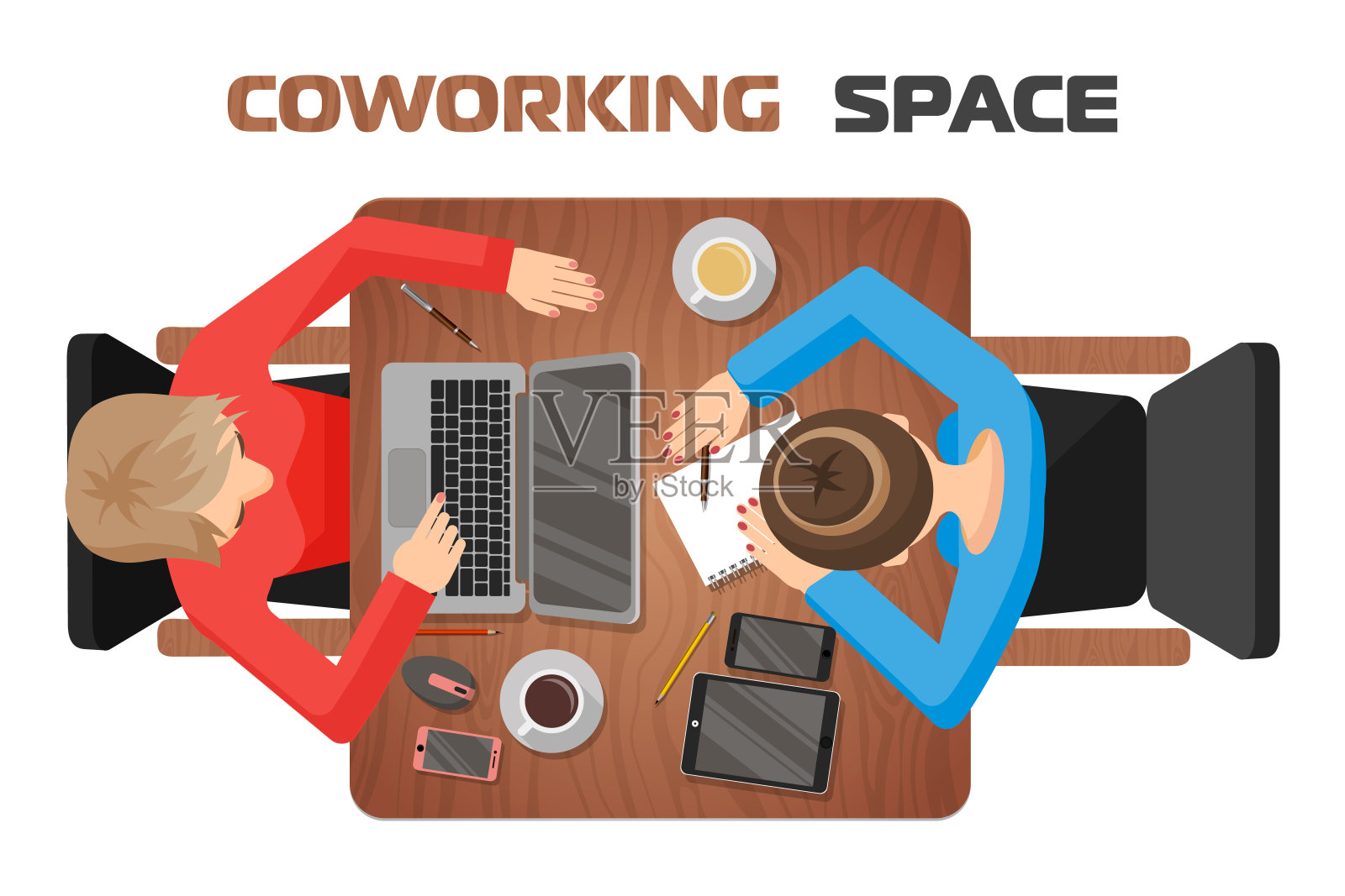 两个人共同工作空间的工作场所概念。两个女孩在桌子旁插画图片素材
