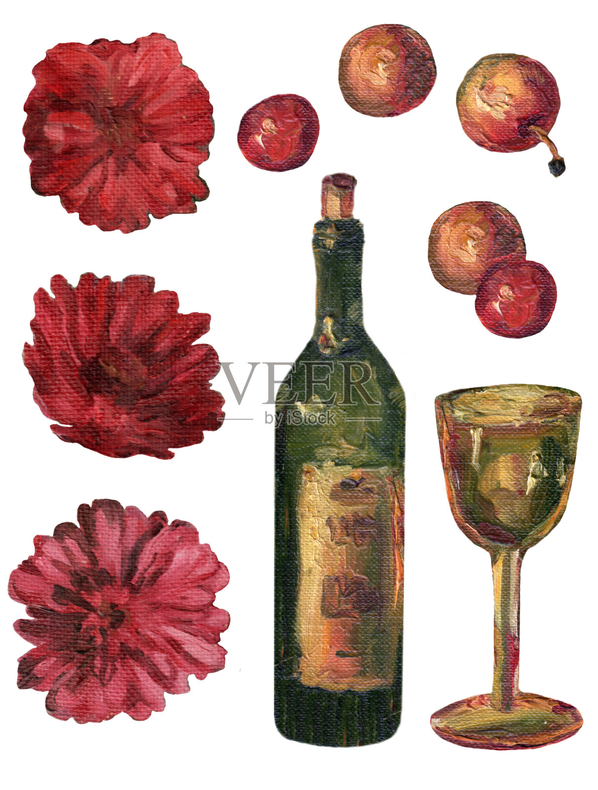 图案有一瓶葡萄酒，一个玻璃杯，苹果和鲜花。用油彩画的彩色布景。Zinnia花。纺织品，墙纸，包装纸。颜色。一种喜庆的饮酒模式。插画图片素材