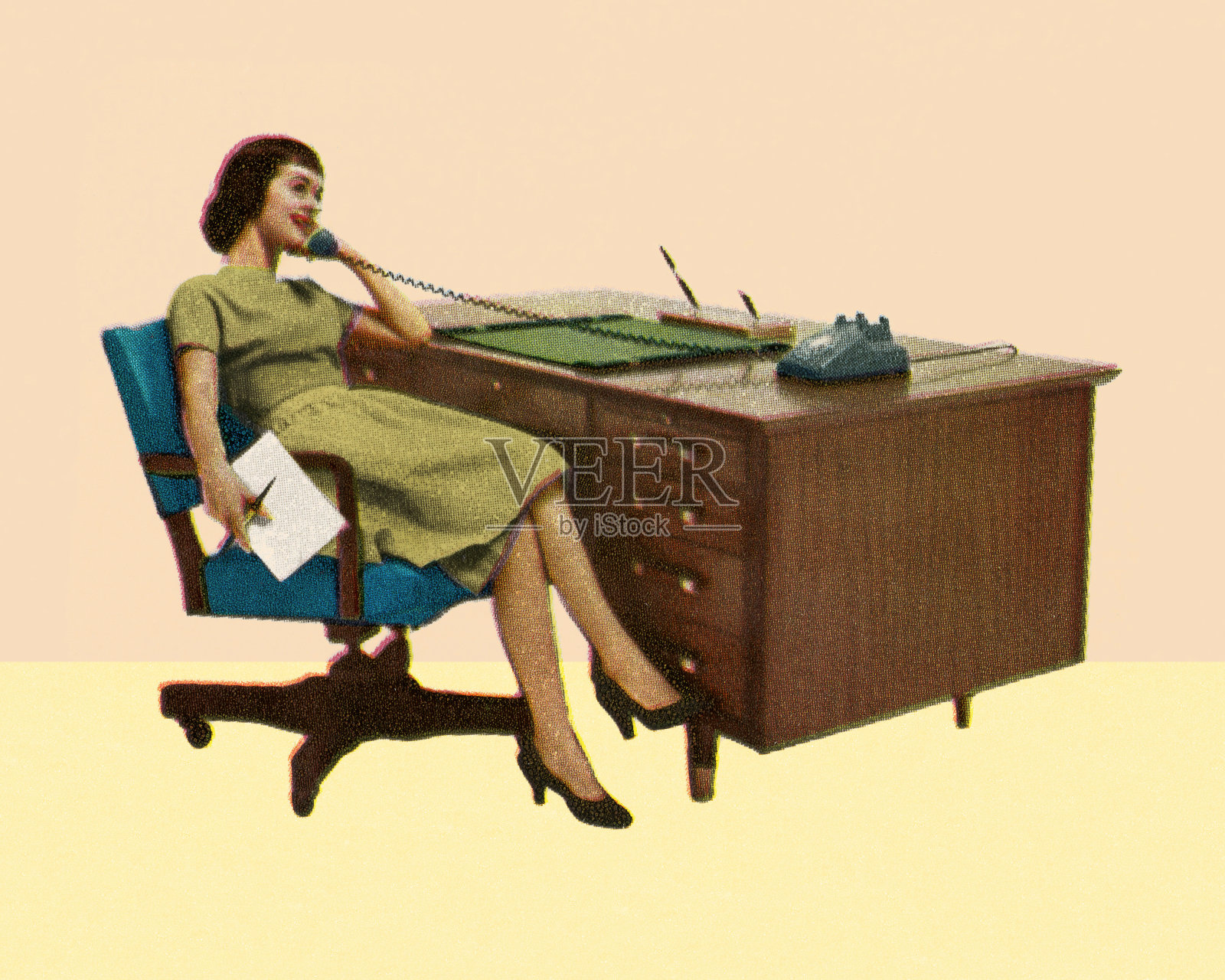 坐在办公桌前打电话的女人插画图片素材