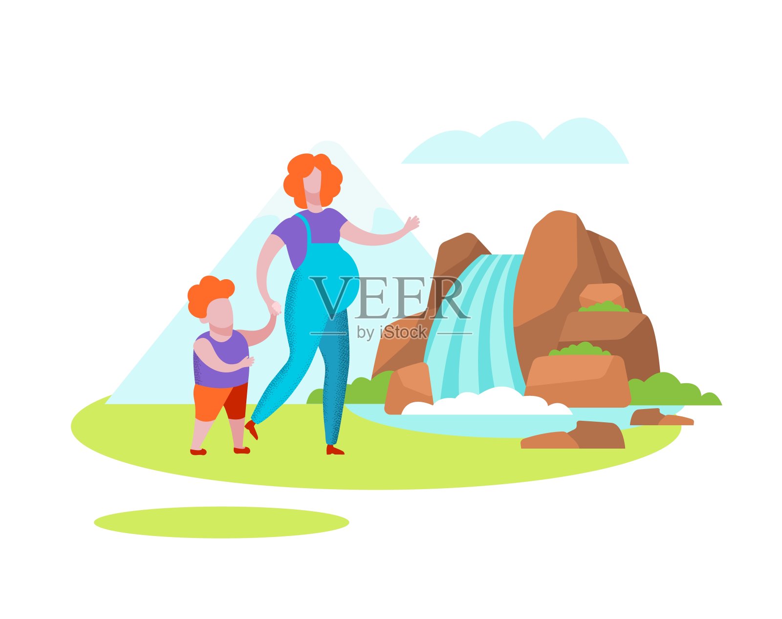 孕妇带着小男孩散步。瀑布。设计元素图片