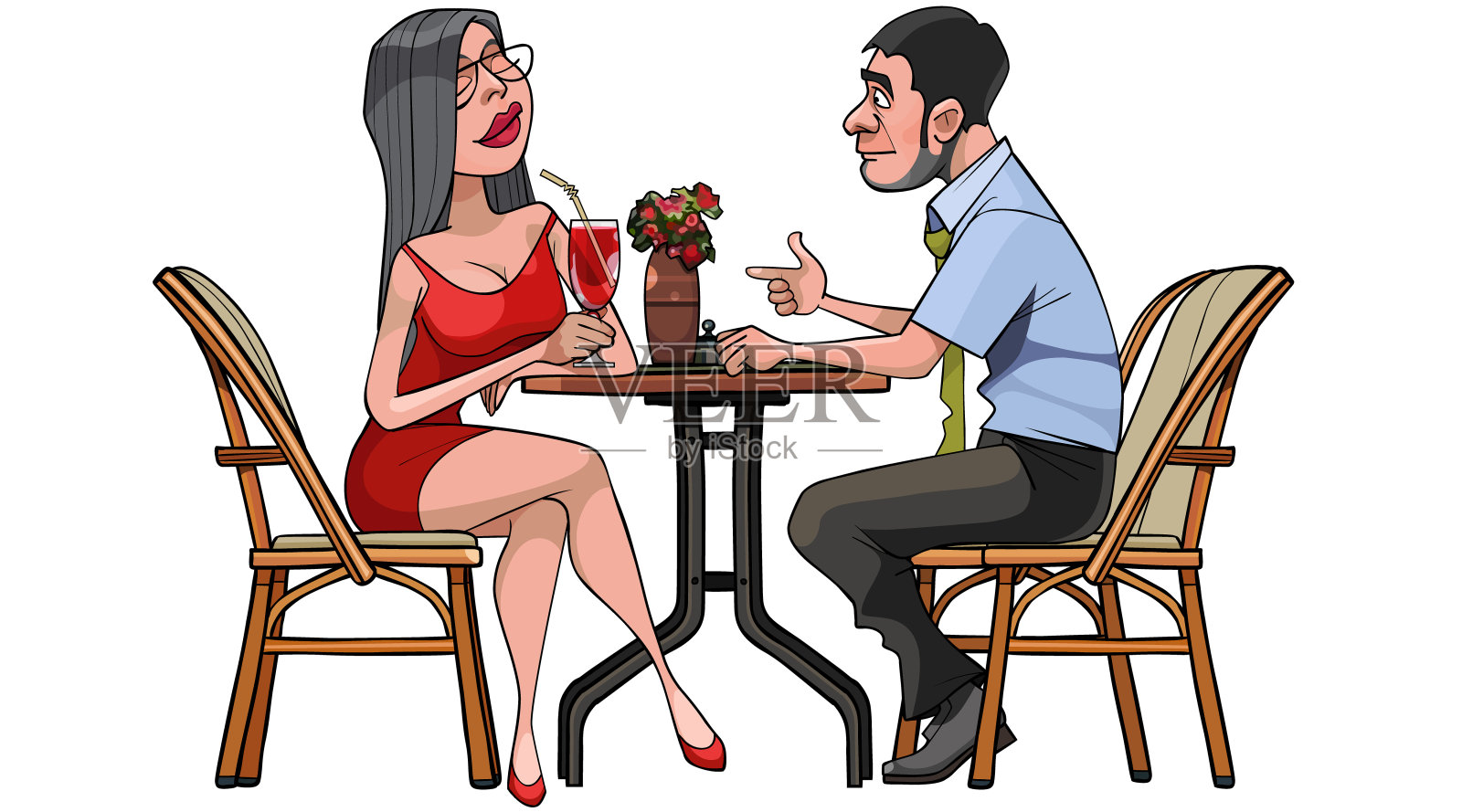 卡通男人和女人正坐在一张桌子旁插画图片素材