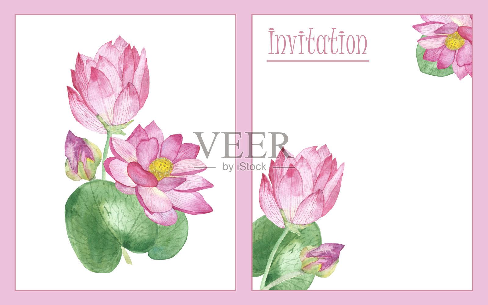 水彩手绘自然浪漫的花卉两张卡片，以粉红色的花朵、荷花和绿色的睡莲叶邀请与空白文字孤立在白色的背景上插画图片素材
