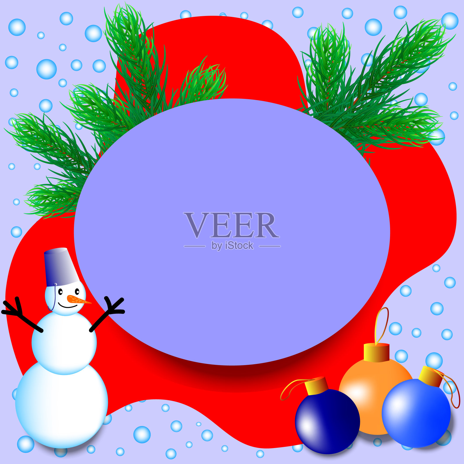 圣诞销售冬季横幅与文字空间。圣诞树的树枝，雪人，五颜六色的圣诞球。红色、蓝色背景。向量illustracion插画图片素材
