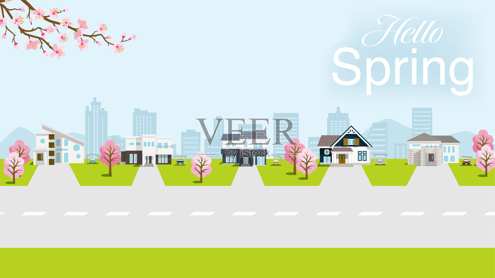 春天的居住区-包含“你好春天”的字样插画图片素材
