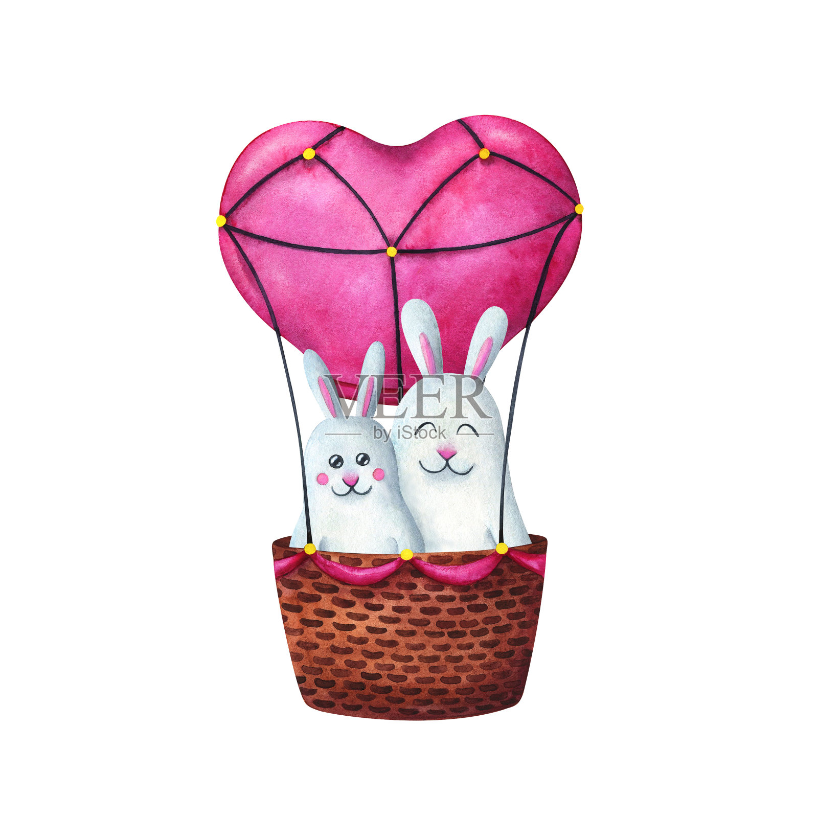 两只情侣在一个粉红色的心形气球里飞行。水彩插图印刷，明信片，海报情人节，2月14日。孤立在白色背景上。插画图片素材