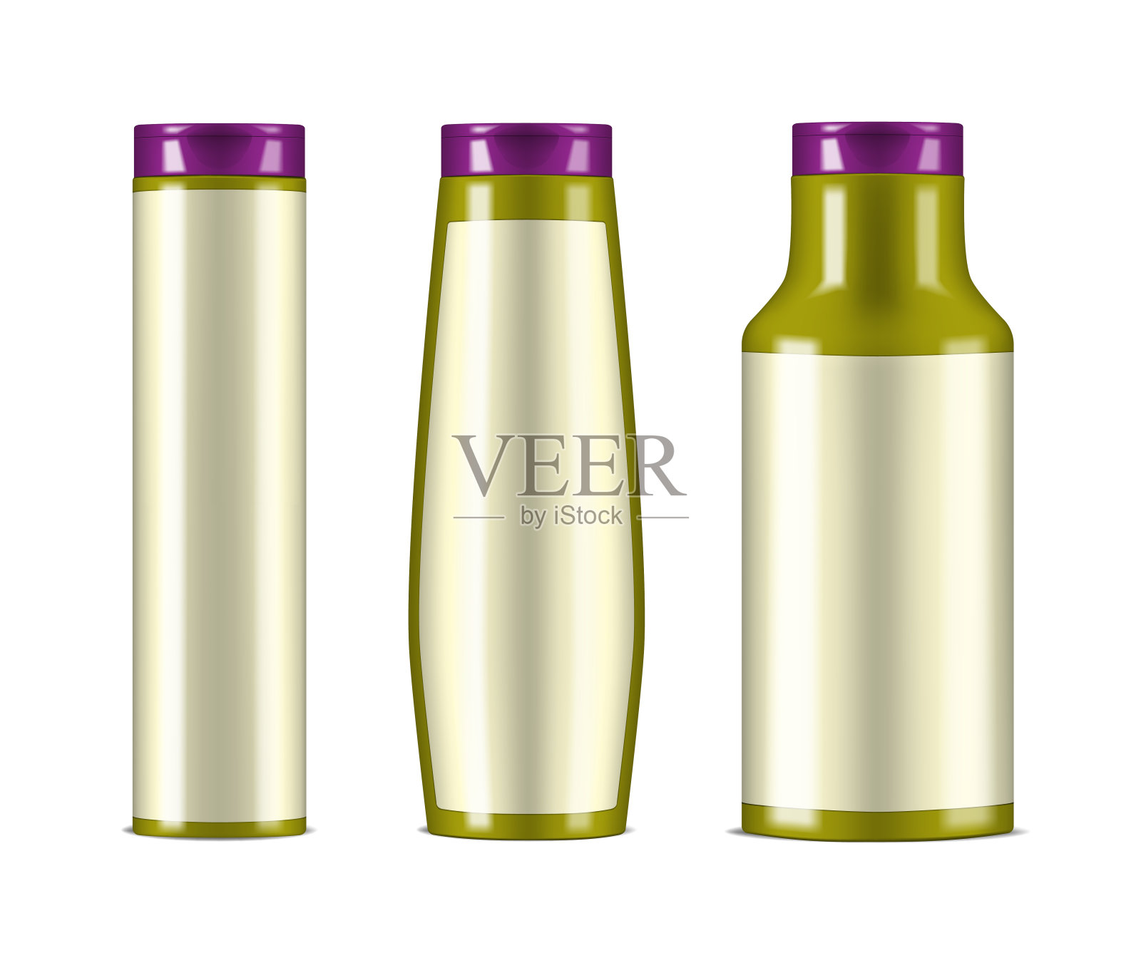 化妆品瓶与空白标签-不同的形状设置，矢量模型。美容产品塑料容器包装。模板的设计。容易上色插画图片素材