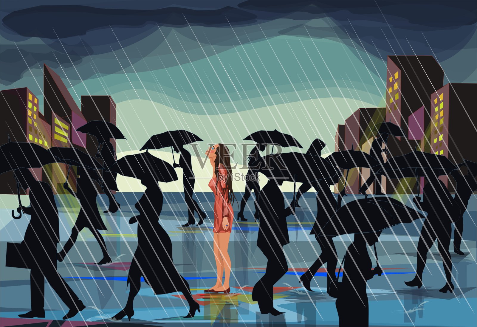 雨和黄昏的城市。插画图片素材