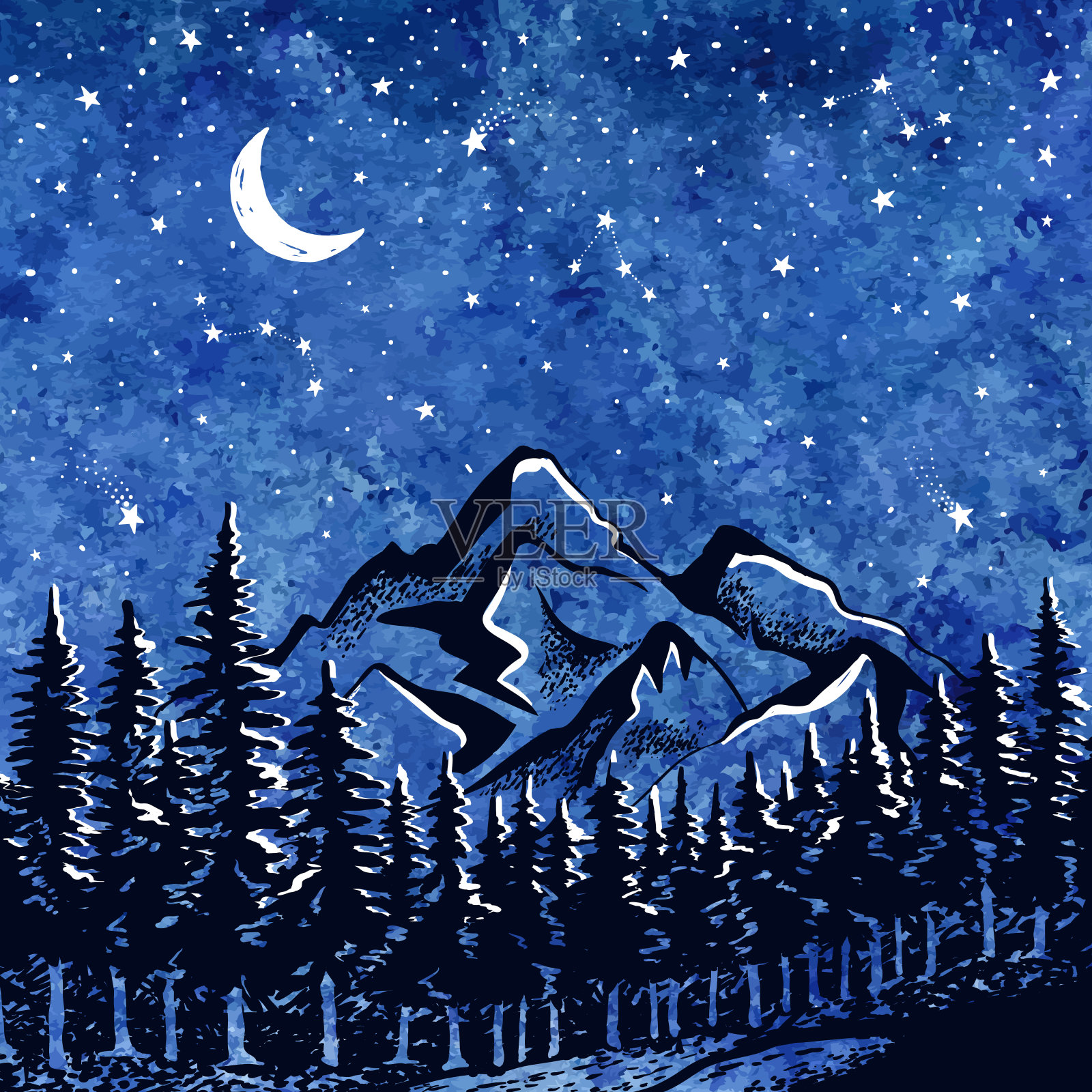 夜晚背景与月亮，森林，山和星星在黑暗的天空。蓝色水彩景观插图插画图片素材
