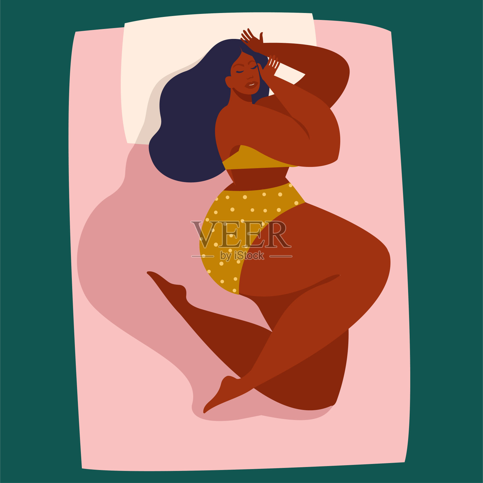 在炎热的夏夜做梦。年轻女子睡在床上，没有毯子。女性卡通人物躺在一个舒适的姿势在夜间睡眠。矢量插图在平面风格。插画图片素材
