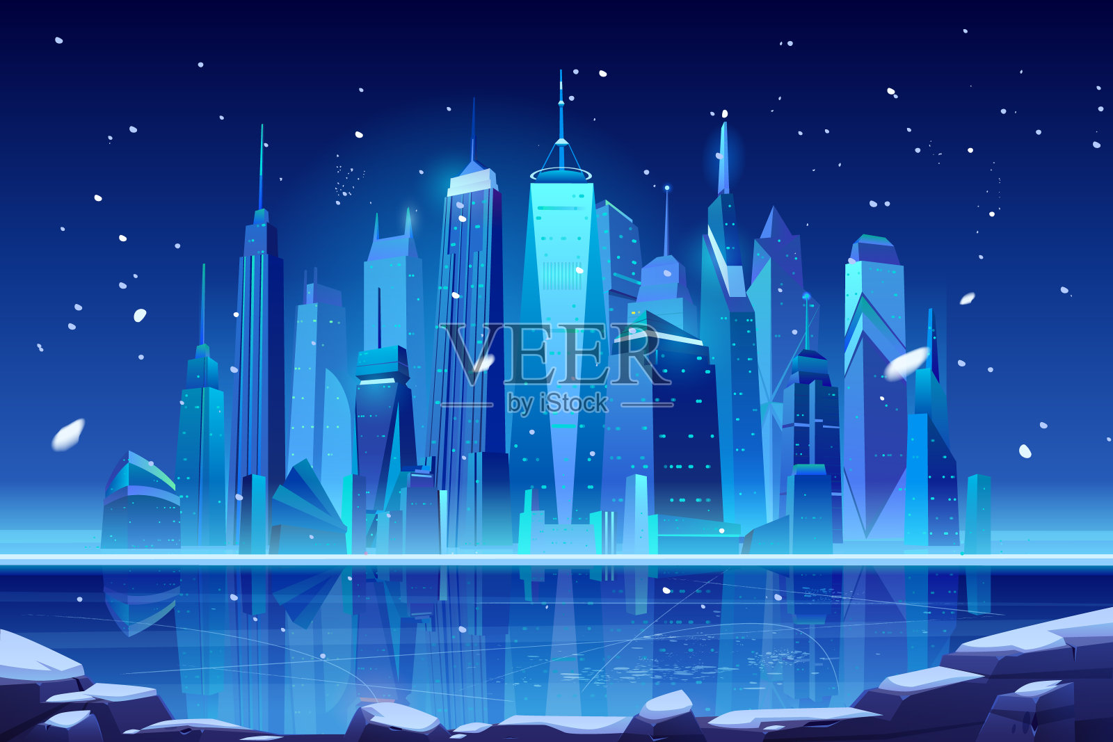 冰封海湾的夜晚霓虹冬季城市天际线插画图片素材