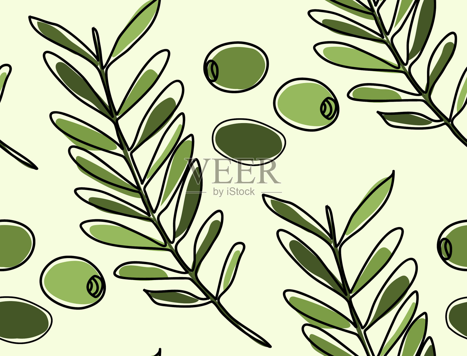 橄榄和叶子的线条画-无缝图案。插画图片素材