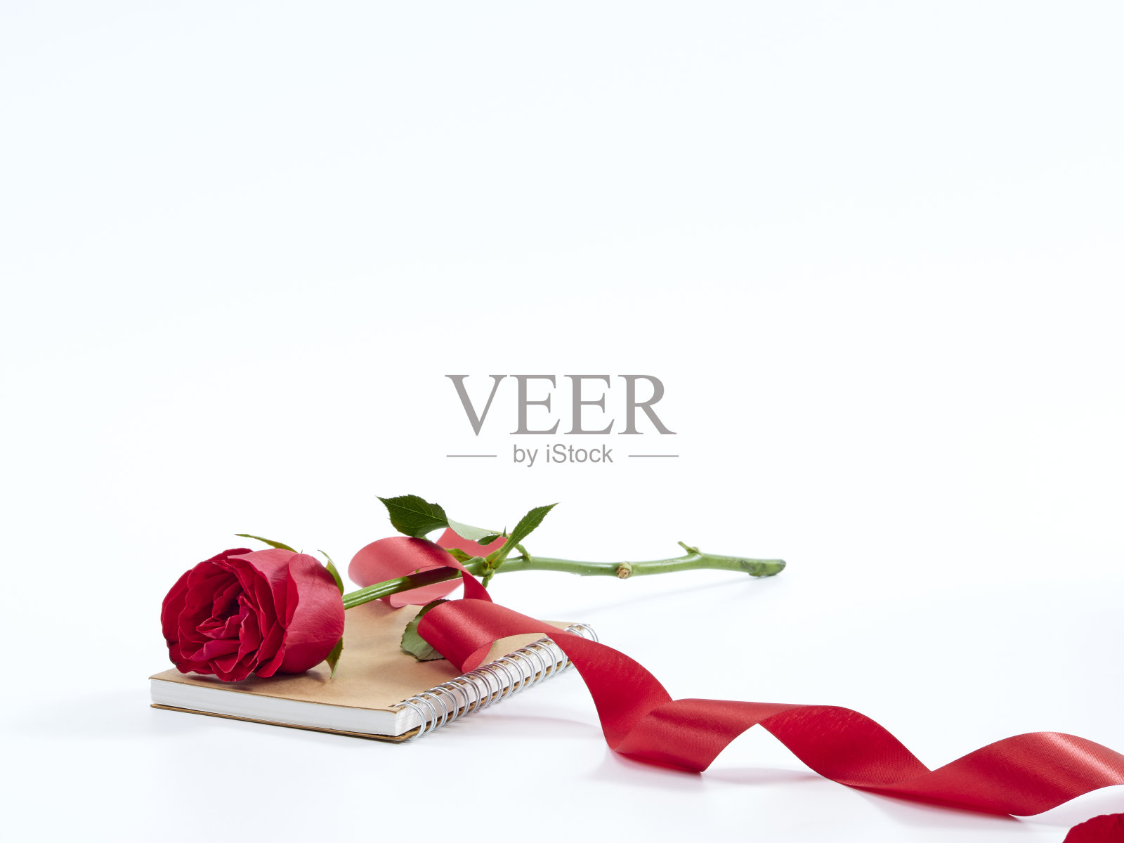 一朵带着红丝带的红玫瑰在日记本上。爱的象征。贺卡和婚礼。照片摄影图片