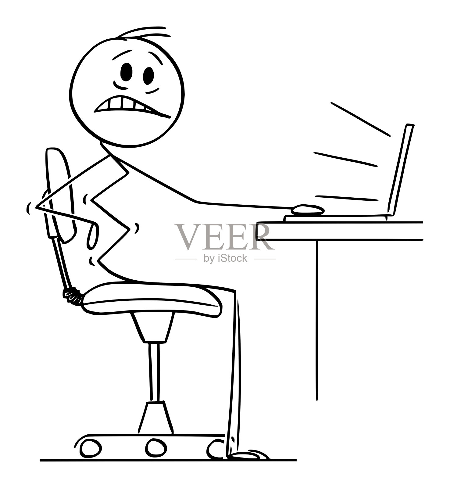 矢量卡通插图的人或商人或办公室职员痛苦的背部，而工作在电脑上设计元素图片