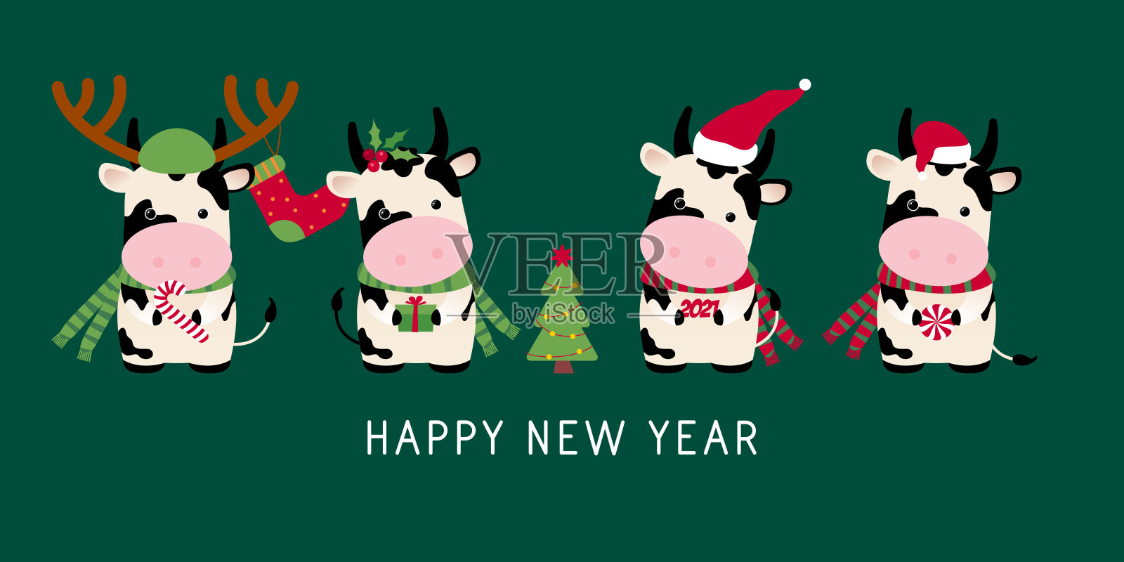 圣诞树或新年树。可爱的牛，牛，牛。2021年冬天背景与奶牛。牛的星座符号。2021年是中国的牛年。新年快乐。象征中国新年的概念形象设计模板素材