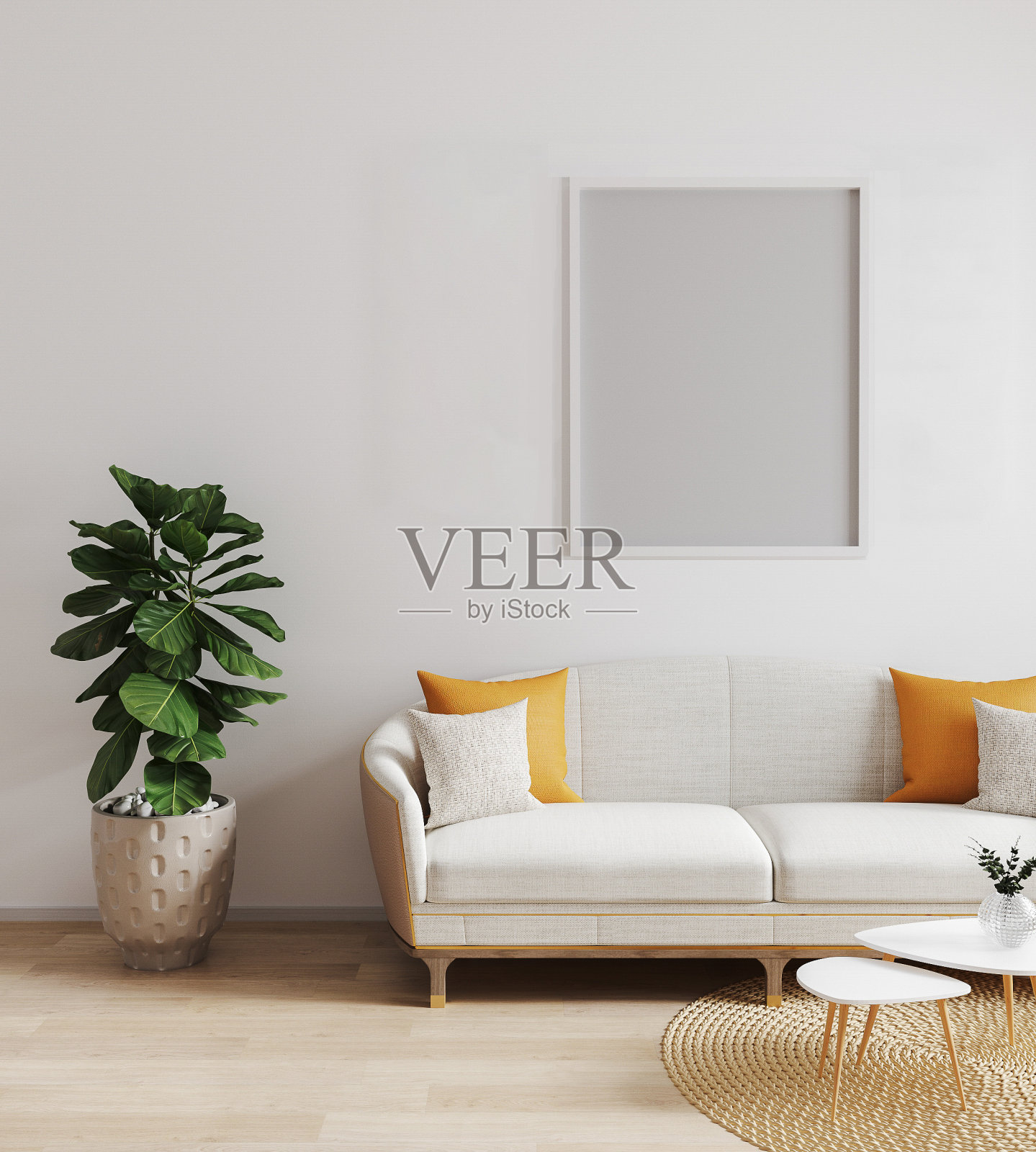 模拟海报框架在现代室内背景，客厅，斯堪的纳维亚风格，3d渲染，3d插图照片摄影图片
