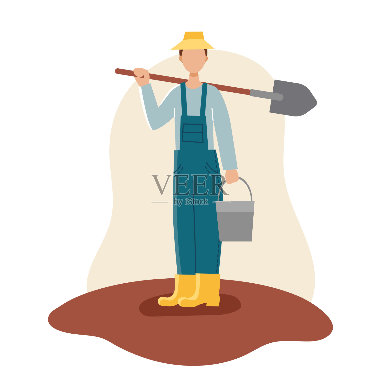 一个男园丁戴着黄色的帽子，穿着靴子和蓝色的长袍，手里拿着铲子和水桶。春天播种。园艺和库存。平坦的矢量在白色的背景设计元素图片