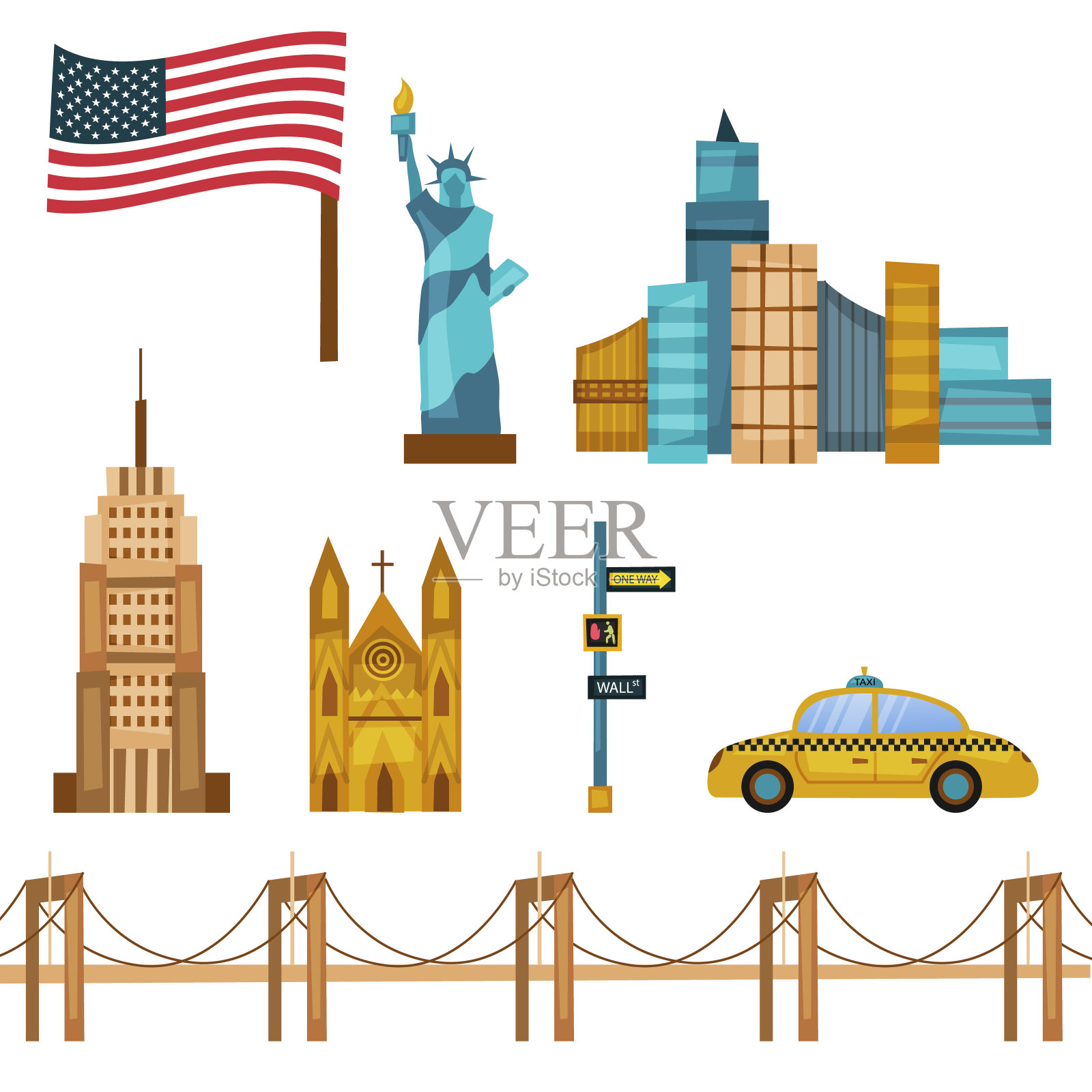 纽约的标志和物体与著名的地标。构图可用于包装纸，墙纸，图案填充，网页背景。卡通平的风格。矢量图设计元素图片