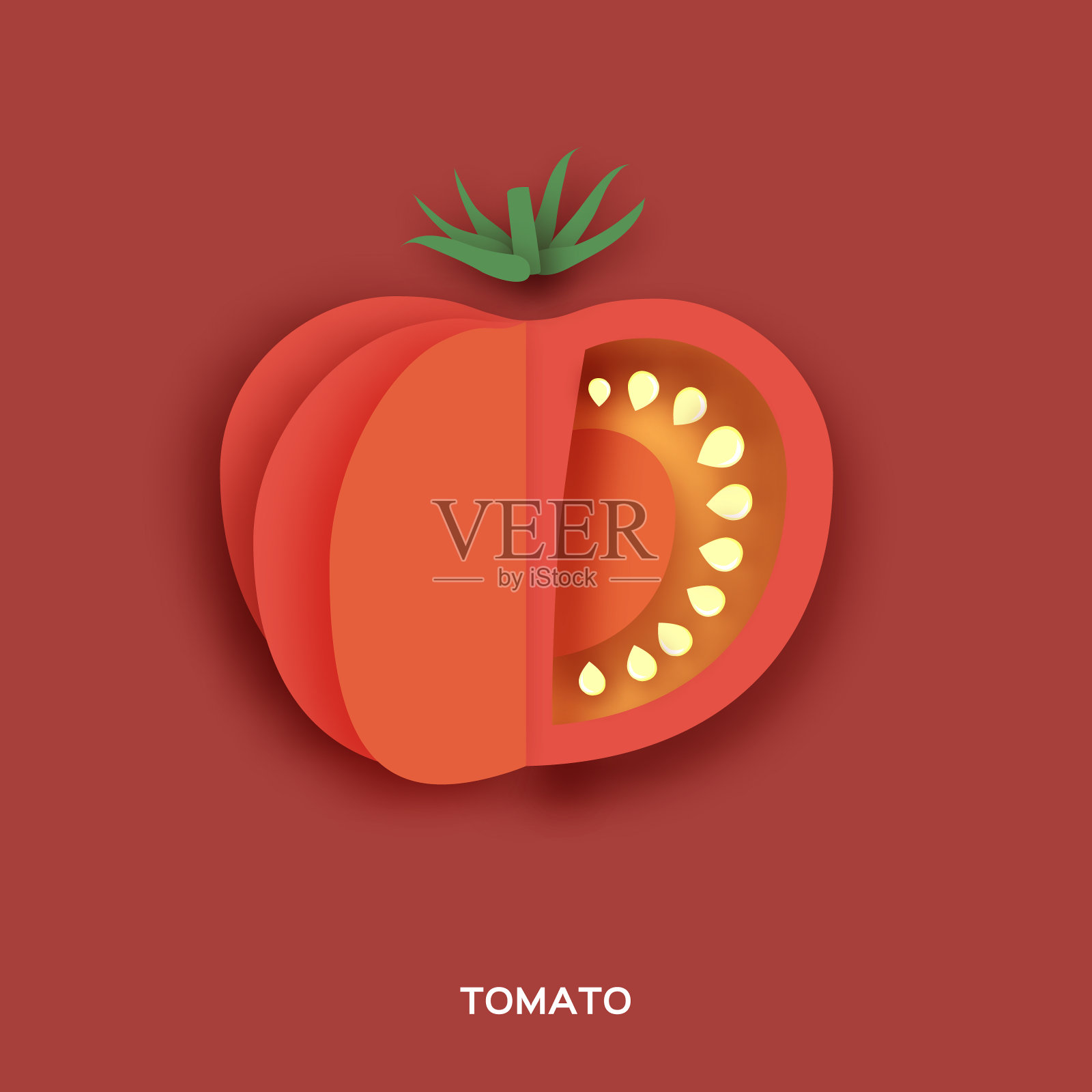 番茄。红色背景上的红色切片。前视图。插画图片素材
