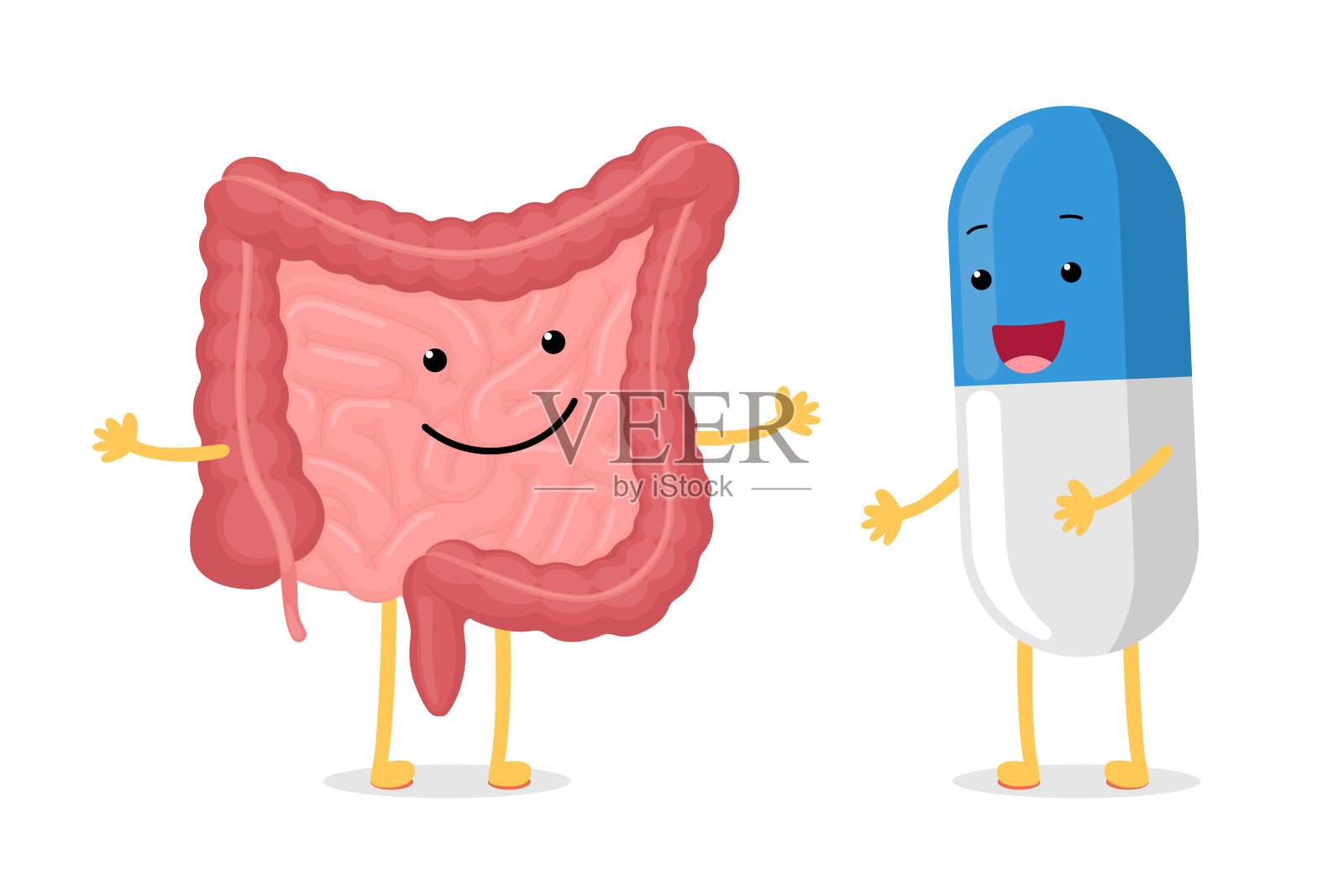 可爱的卡通健康的肠道和微笑的药物药丸的性格。腹腔消化和排泄人体内脏器官与益生菌或抗生素胶囊载体说明设计元素图片