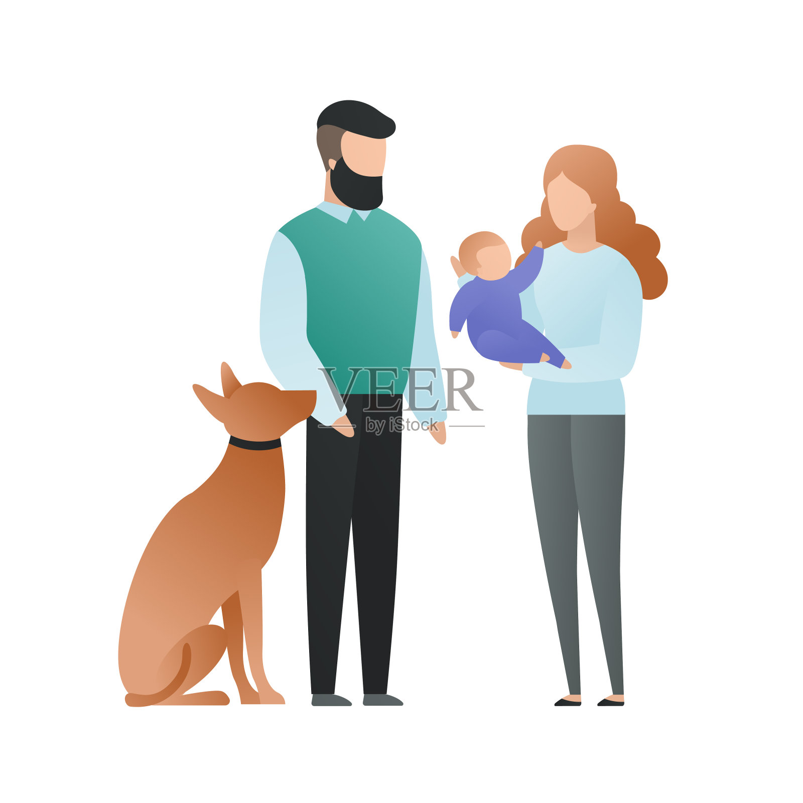 时尚的平面家庭人物矢量卡通插图。一对父母抱着一个婴儿和狗孤立在白色的背景。爱、友谊和守护的概念。设计元素。插画图片素材