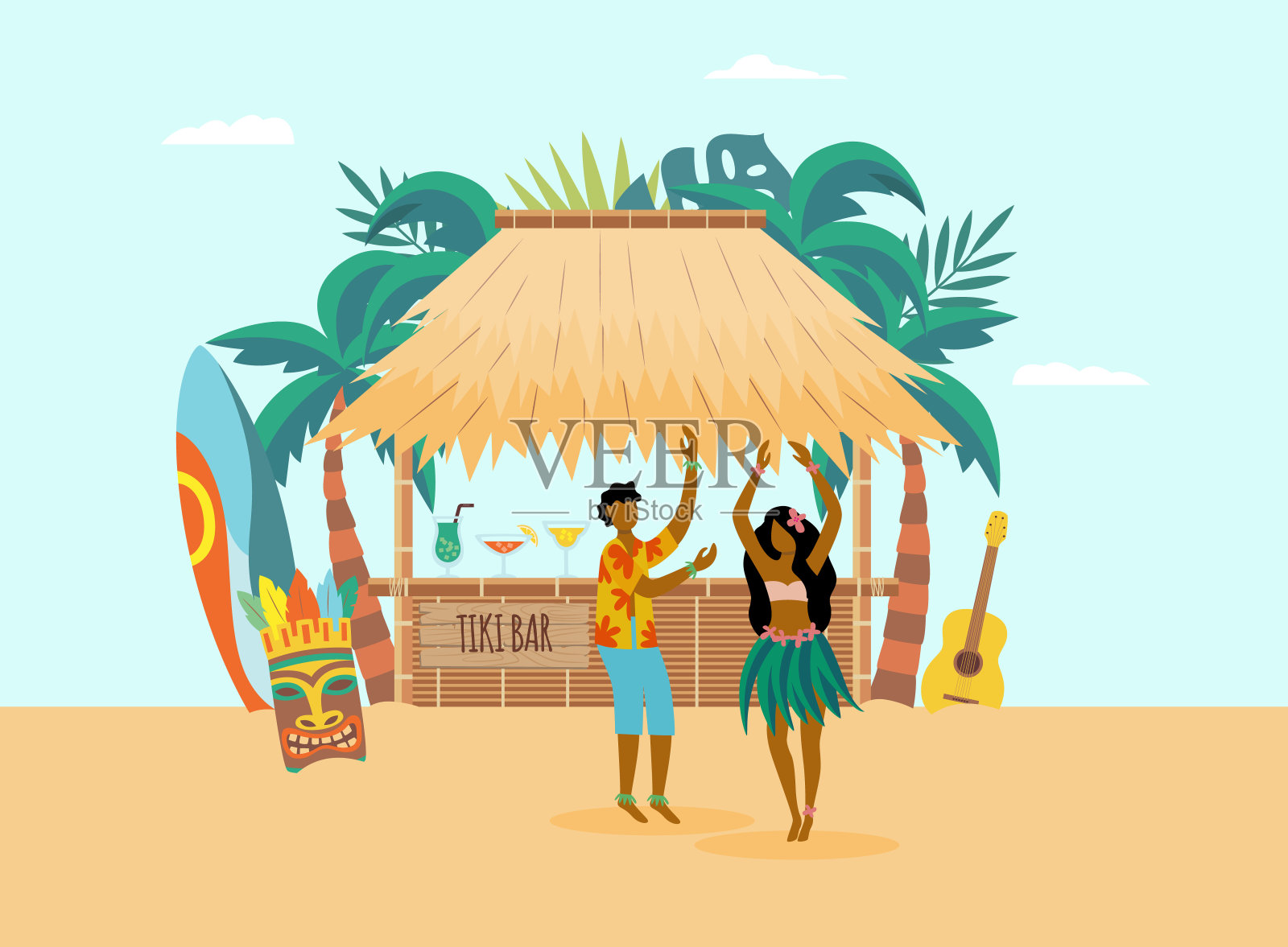 夏威夷海岸与字符和海滩酒吧，平面矢量插图。插画图片素材