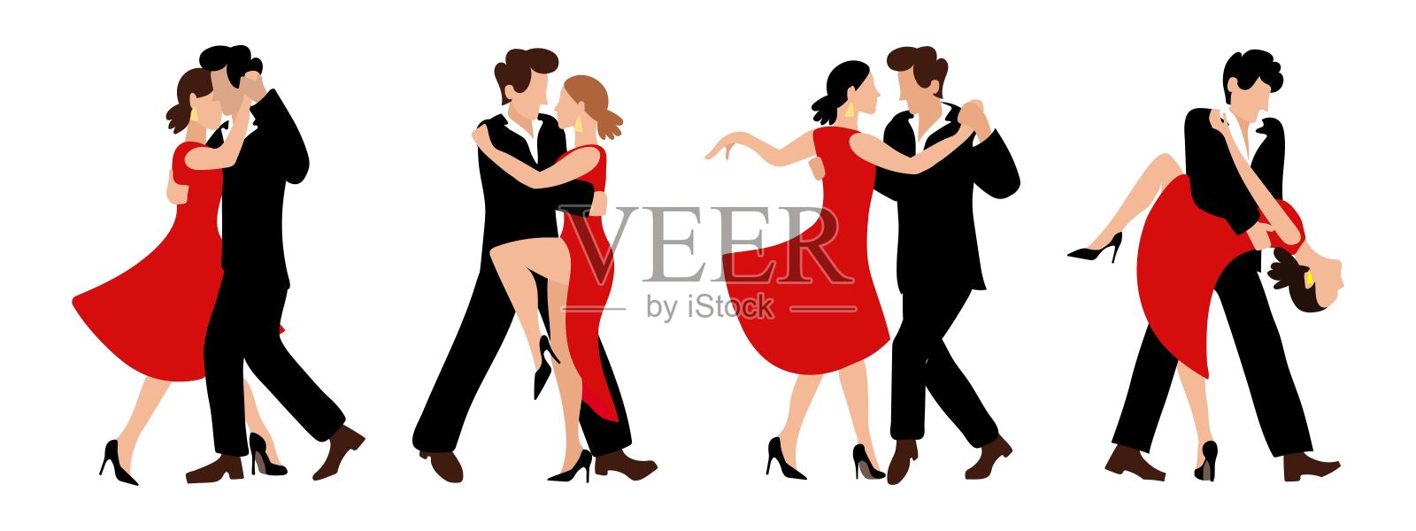 矢量组夫妇跳舞激情探戈。一个穿红裙子的女人，一个穿黑西装的男人。四对设计及印刷海报，明信片，标志。插画图片素材