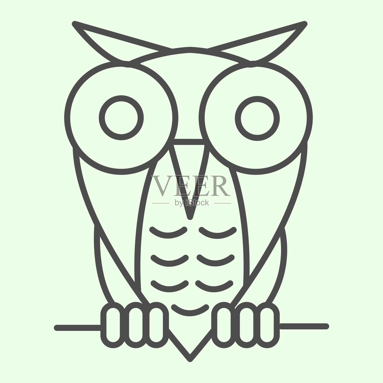 万圣节猫头鹰细线图标。一只幽灵般的猫头鹰坐在树枝上，白色的背景上是一个象形图。万圣节或巫术标志的移动概念和网页设计。矢量图形。设计元素图片