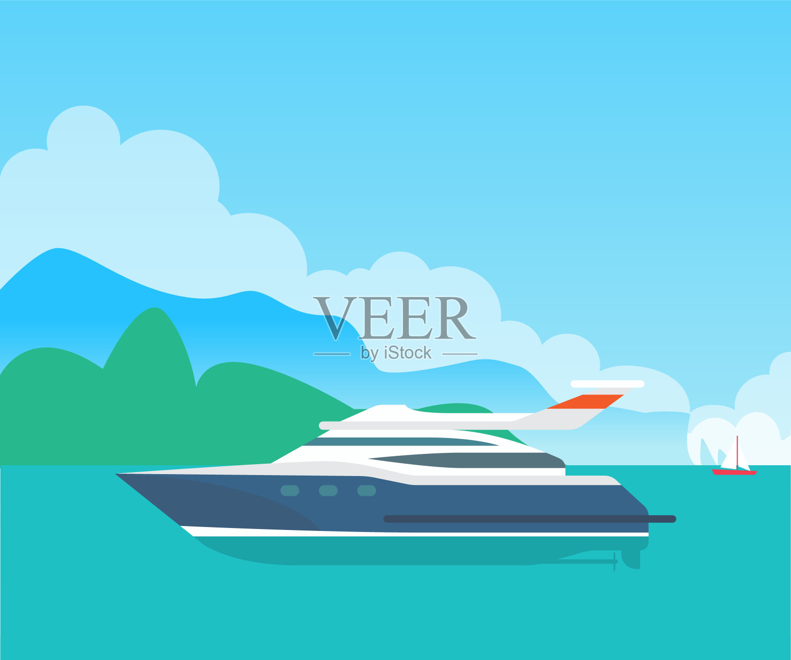 大海摩托艇和可爱的海景，彩色横幅插画图片素材
