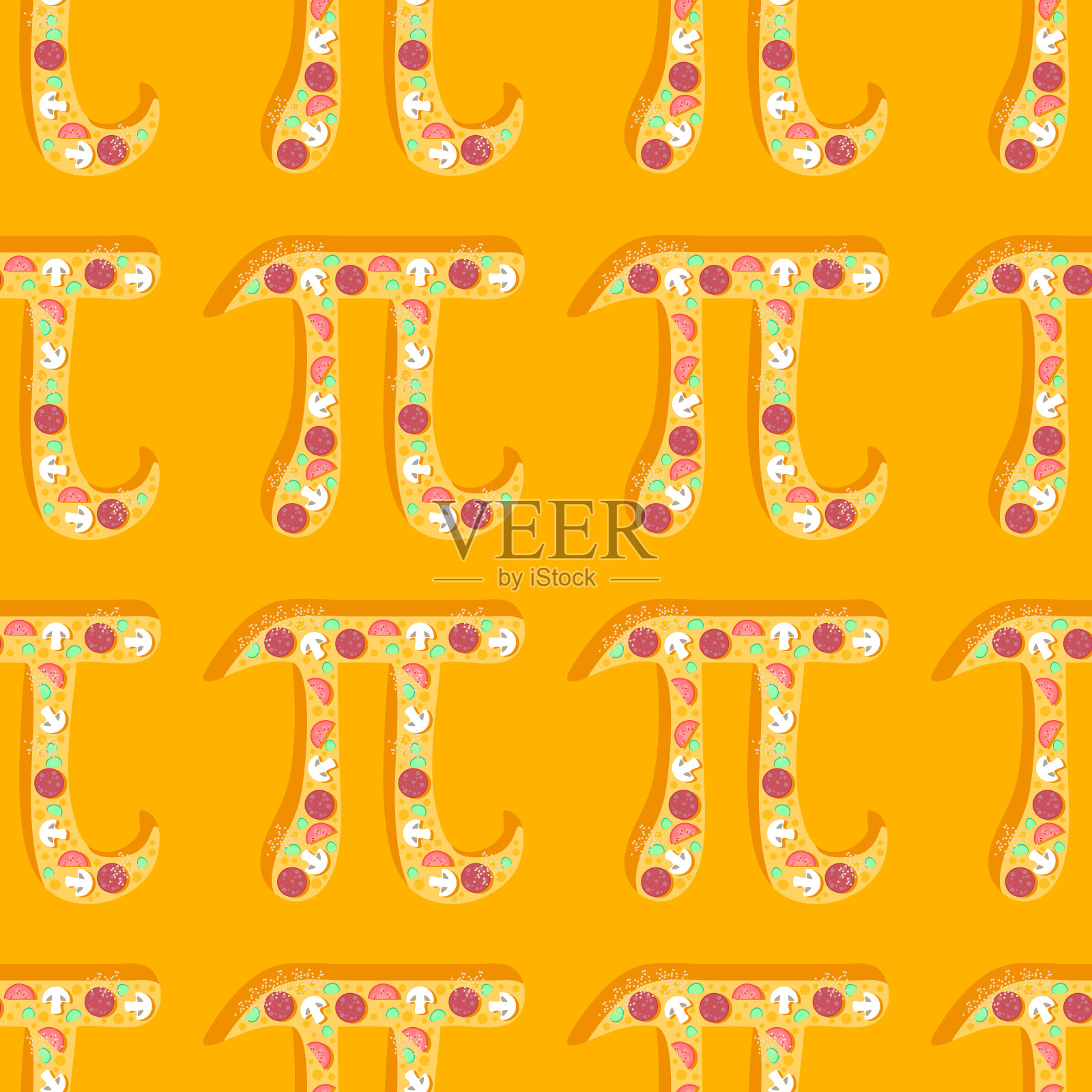 π的一天快乐!庆祝π的一天。数学常数。3月14日(3/14)。圆的周长与直径之比。常数π。披萨。无缝模式插画图片素材