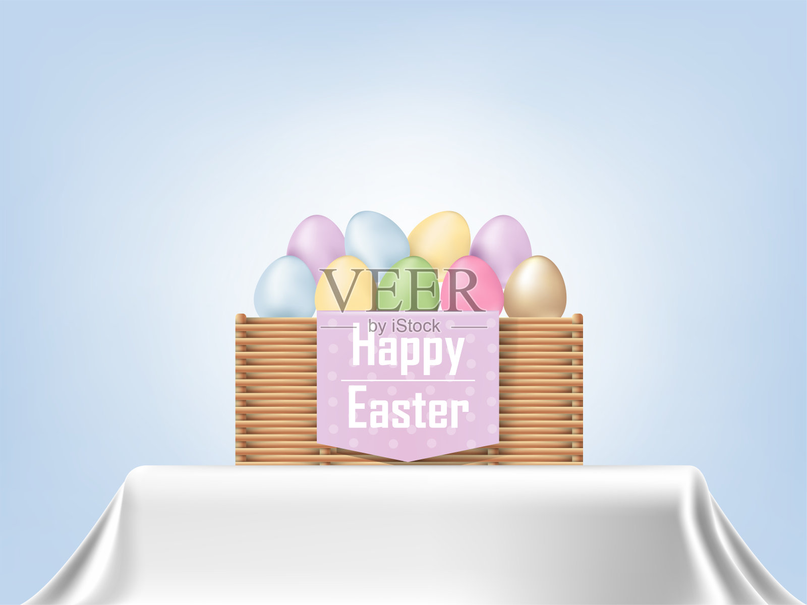 五彩缤纷的复活节彩蛋放在篮子里的桌布上，平面设计理念复活节快乐插画图片素材