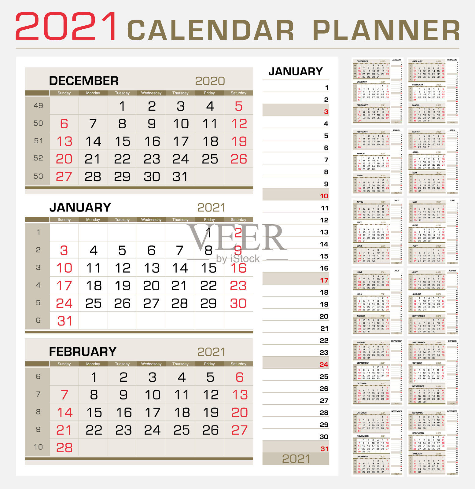 日历计划器模板2021。星期从星期日开始。页面上显示3个月的日历，并使用专题月的右条纹日历。准备打印。矢量图设计模板素材